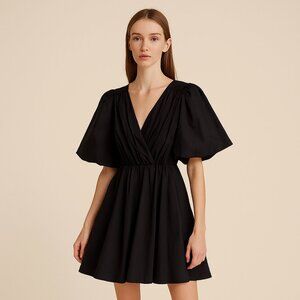 Entro NEW Black Puff Sleeve Deep V-Neck Fit and Flare Mini Dress Size M